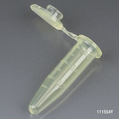 Microcentrifuge Tube, 0.5mL, PP, Attached Snap Cap, Graduated, Yellow, Certified: Rnase, Dnase and Pyrogen Free, 500/Stand Up Zip Lock Bag - cs-10000