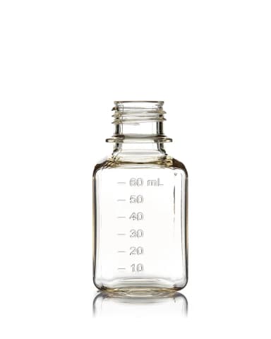 EZBio® 60 mL PETG Media Bottles, Non-Sterile, Square Storage Bottles with 24-415 mm Neck, Without Caps, 40/CS