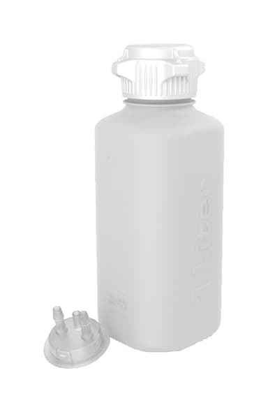 Heavy Duty HDPE Vacuum Bottle, 1 L, with 53 mm (53B) Tangle Free VersaCap, Two 1/4 Inch Hose Barbs and Sealable Vent Port, Bleach Compatible, 1/EA