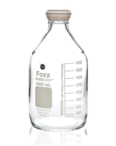 PUREGRIP® Reusable Round Glass Media Storage Bottles with GL45 VersaCap, Pouring Ring, and Extra Large Marking Spot, 2 L (2,000 mL), 10/CS
