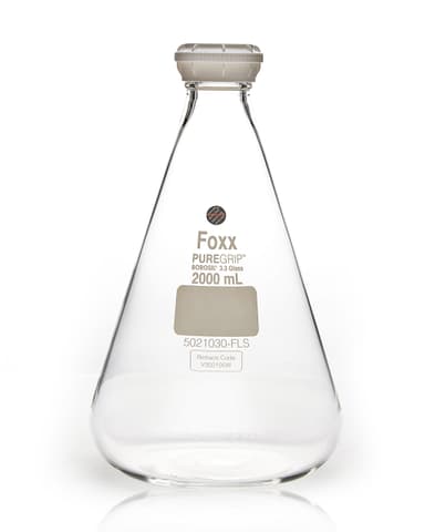 PUREGRIP Reusable Glass Erlenmeyer Flasks with GL45 VersaCap Screw Cap and Pouring Ring, 2 L (2,000 mL), 10/CS