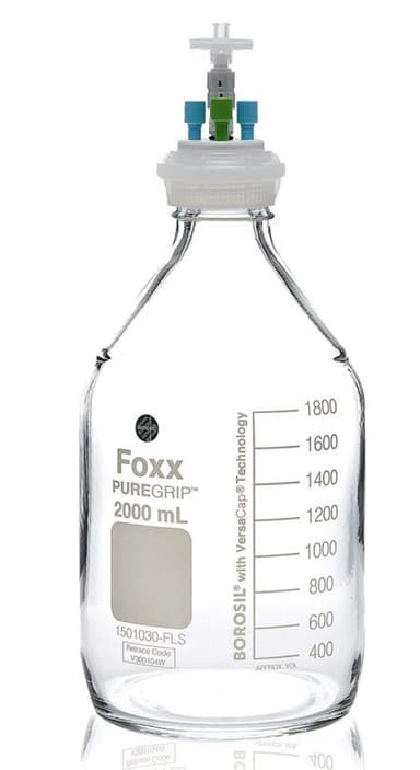 ChromCap™ 300 HPLC Solvent Reservoir System with VersaCap® GL45 and 2 L (2,000 mL) Clr. Glass Reagent Bottle, Class VI PTFE Adapter & Safety Air Inlet Valve, Three (3x) Ports- OD Tubing 3.2mm (1/8") or 1.6 mm (1/16"), 1/EA