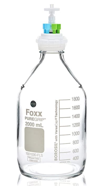 ChromCap™ 300 HPLC Solvent Reservoir System with VersaCap® GL45 and 2 L (2,000 mL) Clr. Glass Reagent Bottle, Class VI PTFE Adapter & Safety Air Inlet Valve, Four (4x) Ports- OD Tubing 3.2mm (1/8") or 1.6 mm (1/16"), 1/EA