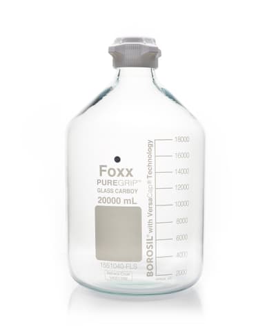 PUREGRIP® Reusable Clear Glass Carboy with 83B VersCap® and Extra Large Marking Spot, 20 L (20,000 mL), 1/EA