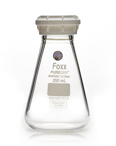 PUREGRIP Reusable Glass Erlenmeyer Flasks with GL45 VersaCap Screw Cap and Pouring Ring, 250 mL, 20/CS
