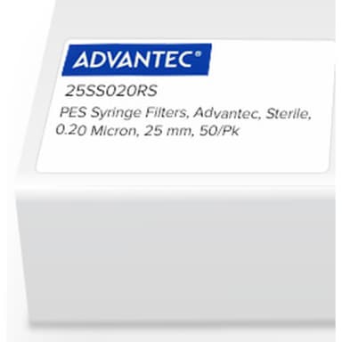 PES Syringe Filters, Advantec, Sterile, 0.20 Micron, 25mm, 50/Pk