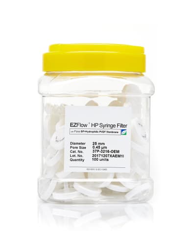EZFlow® Non-Sterile High Particulate Syringe Filter, 0.45 µm Hydrophilic PVDF w/ Glass Fiber Prefilter, 25 mm, 100/PK