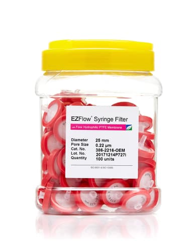 EZFlow® Non-Sterile Hydrophilic PTFE Syringe Filters, 0.22 µm Pore Size Membrane for Prefiltration and Sample Prep, 25 mm, 100/PK