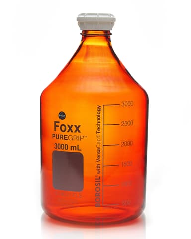 PUREGRIP® Reusable Amber Light-Blocking Round Glass Media Storage Bottles with GL45 VersaCap, Pouring Ring, and Extra Large Marking Spot, 3 L (3,000 mL), 2/CS