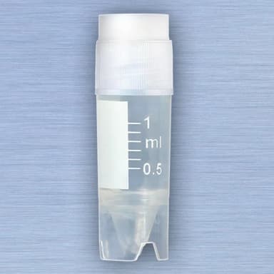 CryoCLEAR vials, 1.0mL, STERILE, External Threads, Attached Screwcap with Co-Molded Thermoplastic Elastomer (TPE) Sealing Layer, Conical Bottom, Self-Standing, Printed Graduations, Writing Space and Barcode, 50/Bag