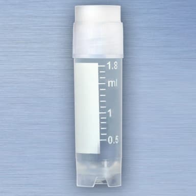 CryoCLEAR vials, 2.0mL, STERILE, External Threads, Attached Screwcap with Co-Molded Thermoplastic Elastomer (TPE) Sealing Layer, Round Bottom, Self-Standing, Printed Graduations, Writing Space and Barcode, 50/Bag, 10 Bags