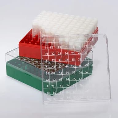 BioBOX 100, for 1.0mL and 2.0mL Internal Threaded CryoCLEAR vials, Polycarbonate (PC), Holds 100 vials (10x10 format), Printed Lid, Pack Includes a CryoClear Tube Picker, RED - CS/40