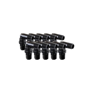 EZwaste® HPLC Solvent Waste System, Replacement Fittings, Carbon Filter Port Fittings, Black 90 Degree Elbow Threaded Union Fitting, 1/4 Inch MNPT Thread, 10/PK