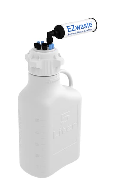 EZwaste® HPLC Solvent Waste System, 5 L Heavy Duty Reusable Carboy, 83 mm (83B) VersaCap with Four (4x) Ports for 1/16 Inch O.D. Tubing; Three (3 x) 1/4 Inch O.D. Tubing & Filter, 1/EA