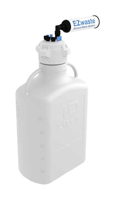 EZwaste® HPLC Solvent Waste System, 10 L Heavy Duty Reusable Carboy, 83 mm (83B) VersaCap with Four (4x) Ports for 1/8 Inch & Three (3x) 1/4" O.D. Tubing & Filter, 1/EA