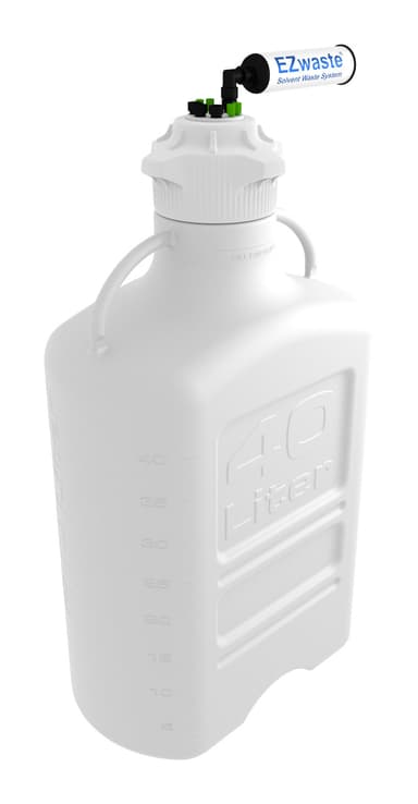 EZwaste® XL HPLC Solvent Waste System, 40 L HDPE Reusable Carboy, 120 mm VersaCap with Four (4x) Ports for 1/16 Inch, Three (3x) 1/4 Inch O.D. Tubing; & Filter, 1/EA