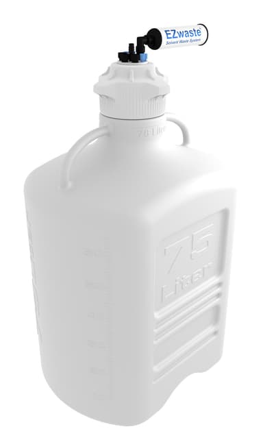 EZwaste® XL HPLC Solvent Waste System, 75 L HDPE Reusable Carboy, 120 mm VersaCap with Four (4x) Ports for 1/8 Inch, Three (3x) 1/4 Inch, One (1x) HB O.D. Tubing; & Filter, 1/EA