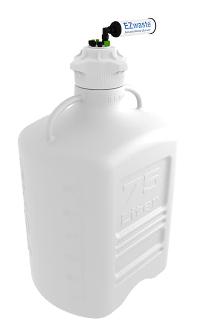 EZwaste® XL HPLC Solvent Waste System, 75 L HDPE Reusable Carboy, 120 mm Four (4x) Ports for 1/16" OD Tubing, 3 Ports for 1/4" OD Tubing and a Chemical Exhaust Filter, 1/EA