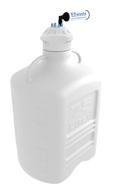 EZwaste® XL HPLC Solvent Waste System, 75 L HDPE Reusable Carboy, 120 mm Four (4x) Ports for 1/16" OD Tubing, Four (4x) Port for HB & and a Chemical Exhaust Filter, 1/EA