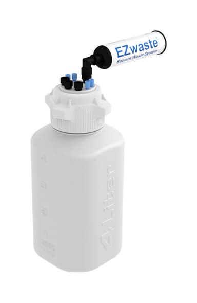EZwaste® HPLC Solvent Waste System, 4 L HDPE Heavy Duty Reusable Bottle, 83 mm (83B) VersaCap with Four (4x) Ports for 1/8 Inch O.D. Tubing; Three (3x) Ports for 1/4 Inch O.D. Tubing; & Filter, 1/EA