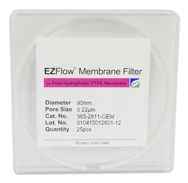 EZFlow® PTFE Hydrophobic Membrane Filters, 0.22 µm, 90 mm Diameter Filter Discs, 25/PK