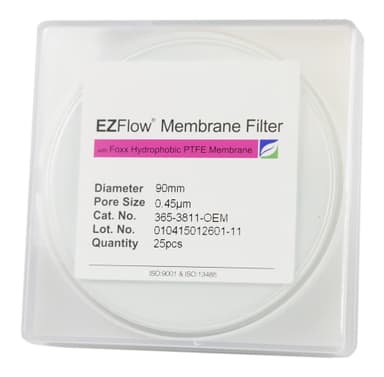 EZFlow® PTFE Hydrophobic Membrane Filters, 0.45 µm, 90 mm Diameter Filter Discs, 25/PK