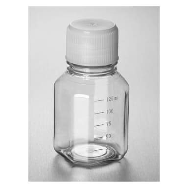 Corning PET Media Bottle, 125 mL, Graduated, 31 mm IATA-Validated Screw Cap, Sterile, Pre-assembled, 24/Tray, 48/Case