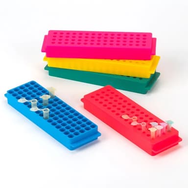 Reversible Rack for Microcentrifuge Tubes, 80-Place for 1.5mL and 2.0mL and Reverse Side is 60-Place for 0.2mL and 0.5mL Tubes, Red, 5/Pack - CS/25