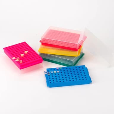 Reversible Rack with Cover for Microcentrifuge Tubes, 96-Place for 1.5mL and 2.0mL and Reverse Side is 96-Place for 0.2mL and 0.5mL Tubes, Orange, 5/Pack - CS/25