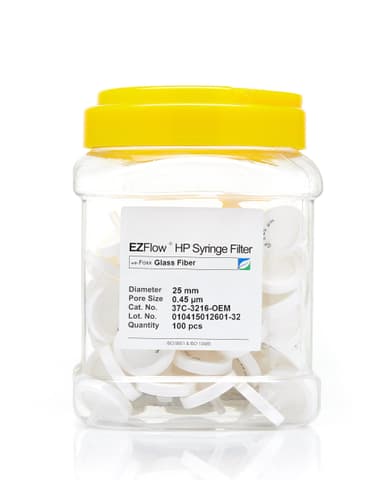 EZFlow® Non-Sterile Glass Fiber (GF) Syringe Filters, 0.45 µm Pore Size Membrane for Prefiltration and Sample Prep, 25 mm, 100/PK