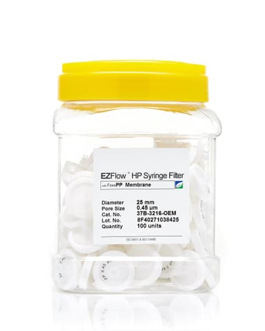 EZFlow® Non-Sterile Polypropylene (PP) Syringe Filters, 0.45 µm Pore Size Membrane for Prefiltration and Sample Prep, 25 mm, 100/PK