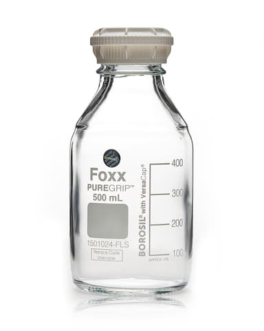 PUREGRIP® Reusable Round Glass Media Storage Bottles with GL45 VersaCap, Pouring Ring, and Extra Large Marking Spot, 500 mL, 10/CS