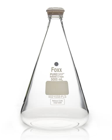 PUREGRIP Reusable Glass Erlenmeyer Flasks with GL45 VersaCap Screw Cap and Pouring Ring, 5 L (5,000 mL), 2/CS