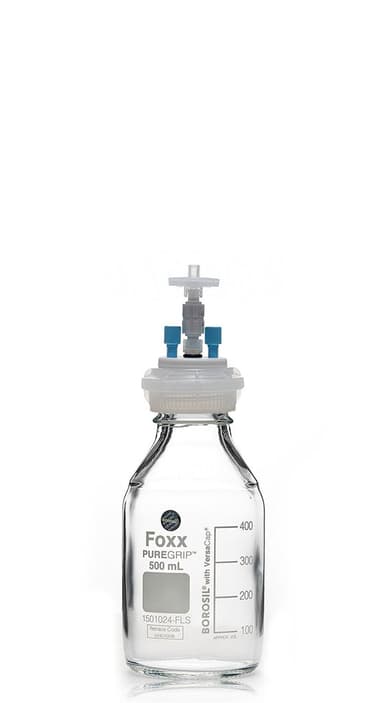ChromCap™ 300 HPLC Solvent Reservoir System with VersaCap® GL45 and 500 mL Clr. Glass Reagent Bottle, Class VI PTFE Adapter & Safety Air Inlet Valve, Two (2x) Ports- OD Tubing 3.2mm (1/8") or 1.6 mm (1/16"), 1/EA