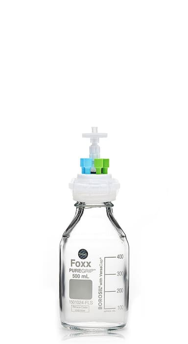 ChromCap™ 300 HPLC Solvent Reservoir System with VersaCap® GL45 and 500 mL Clr. Glass Reagent Bottle, Class VI PTFE Adapter & Safety Air Inlet Valve, Four (4x) Ports- OD Tubing 3.2mm (1/8") or 1.6 mm (1/16"), 1/EA