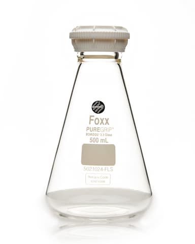 PUREGRIP Reusable Glass Erlenmeyer Flasks with GL45 VersaCap Screw Cap and Pouring Ring, 500 mL, 10/CS