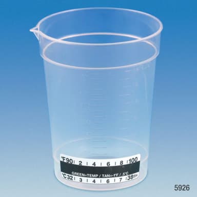 Specimen Container, 6.5oz, with Attached Thermometer Strip, Pour Spout, PP, Graduated
