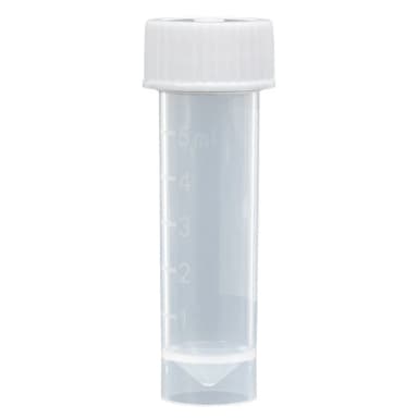 Transport Tube, 5mL, with Separate White Screw Cap, PP, Conical Bottom, Self-Standing, Molded Graduations