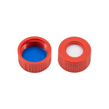 N9 PP screw cap, red, center hole Silicone white/PTFE blue,, 702040 MN