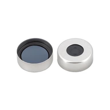 N20 Aluminium crimp cap, silver, center hole Butyl dark gray/centrical PTFE-lamination gray