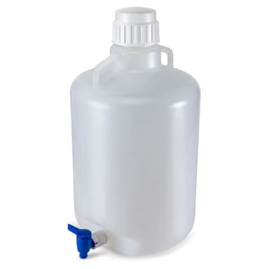 Carboy, Round with Spigot and Handles, PP, White PP Screwcap, 20 Liter, Molded Graduations, Autoclavable - CS/4