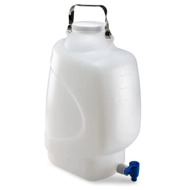Carboy, Rectangular with Spigot and Handle, HDPE, White PP Screwcap, 20 Liter, Molded Graduations - CS/4