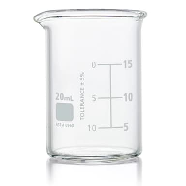Beaker, Globe Glass, 20mL, Low Form Griffin Style, Dual Graduations, ASTM E960, 12/Box