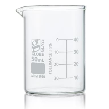 Beaker, Globe Glass, 50mL, Low Form Griffin Style, Dual Graduations, ASTM E960, 12/Box - CS/48