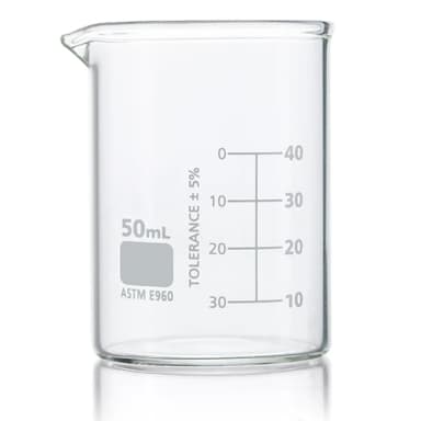 Beaker, Globe Glass, 50mL, Low Form Griffin Style, Dual Graduations, ASTM E960, 12/Box