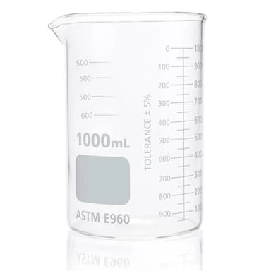 Beaker, Globe Glass, 1000mL, Low Form Griffin Style, Dual Graduations, ASTM E960, 6/Box