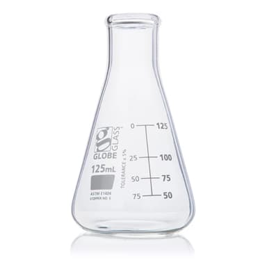 Flask, Erlenmeyer, Globe Glass, 125mL, Narrow Mouth, Dual Graduations, ASTM E1404, 12/Box