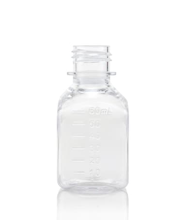 EZBio® Titanium Square, Polyethylene Terephthalate Glycol (PETG) Media Bottles, Non-Sterile Storage Bottles, 24-415mm Neck, 60mL, No Cap, 192/CS