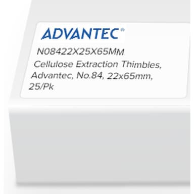 Cellulose Extraction Thimbles, Advantec, No.84, 22 x 65mm, 25/Pk