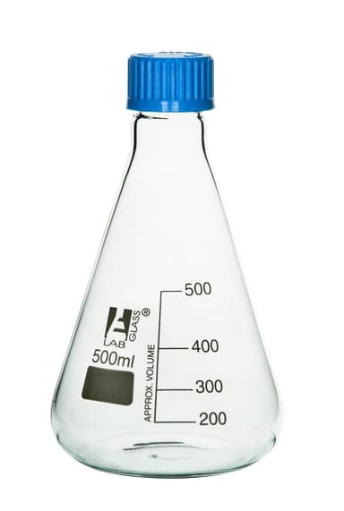 Erlenmeyer Flask, 500ml - Borosilicate Glass - With PTFE Screw Cap - Conical Shape - White Graduations